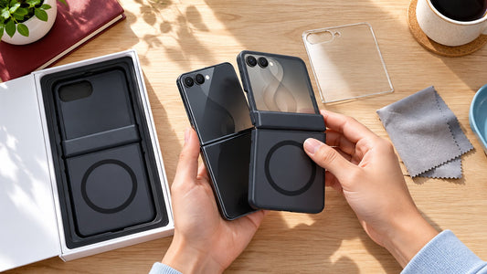 Hands fitting a magnetic case onto a Samsung Galaxy Z Flip 8