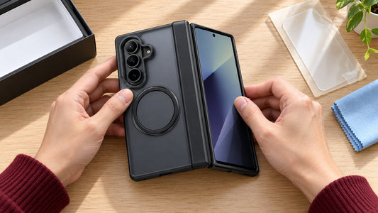 Hands fitting a kickstand case onto a Samsung Galaxy Z Fold 8 Ultra