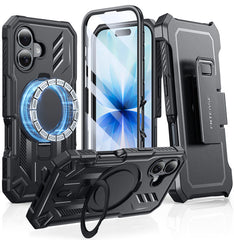 FNTCASE iPhone 17用ケース リングホルダー付き マグネット式キックスタンド ミリタリーグレード 耐衝撃保護 頑丈な携帯電話カバー ベルトクリップホルスター付き