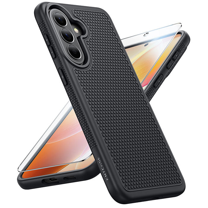 Black textured phone case with screen protector on a white background