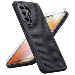 Black textured phone case with screen protector on a white background