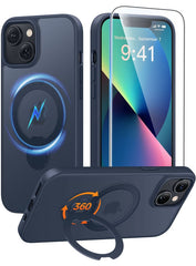 iPhone 15/14/13 Case: 360° Spin Magnetic Stand, MagSafe, Screen Protector, Translucent Matte Military Grade Shockproof Full Camera Protective Phone Cover