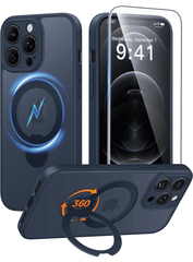 iPhone 12 Pro Max Case: 360° Spin Magnetic Stand, MagSafe, Screen Protector, Translucent Matte Military Grade Shockproof Full Camera Protective Phone Cover