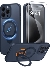 iPhone 15 Pro Case: 360° Spin Magnetic Stand, MagSafe, Screen Protector, Translucent Matte Military Grade Shockproof Full Camera Protective Phone Cover