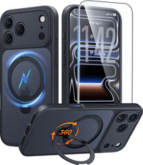 iPhone 17 Pro Max Case: 360° Spin Magnetic Stand, MagSafe, Screen Protector, Translucent Matte Military Grade Shockproof Full Camera Protective Phone Cover