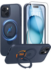 iPhone 15 Plus/14 Plus Case: 360° Spin Magnetic Stand, MagSafe, Screen Protector, Translucent Matte Military Grade Shockproof Full Camera Protective Phone Cover