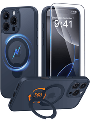 iPhone 16 Pro Case: 360° Spin Magnetic Stand, MagSafe, Screen Protector, Translucent Matte Military Grade Shockproof Full Camera Protective Phone Cover