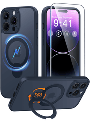 iPhone 14 Pro Max Case: 360° Spin Magnetic Stand, MagSafe, Screen Protector, Translucent Matte Military Grade Shockproof Full Camera Protective Phone Cover