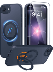 iPhone 17e/16e Case: 360° Spin Magnetic Stand, MagSafe, Screen Protector, Translucent Matte Military Grade Shockproof Full Camera Protective Phone Cover