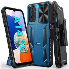 Galaxy A14 5G Military Matte Textured Bumper Rugged Cover with Belt Clip Holster, Kickstand & Sliding Camera Cover