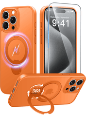 iPhone 15 Pro Max Case: 360° Spin Magnetic Stand, MagSafe, Screen Protector, Translucent Matte Military Grade Shockproof Full Camera Protective Phone Cover