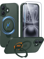 iPhone 16 Case: 360° Spin Magnetic Stand, MagSafe, Screen Protector, Translucent Matte Military Grade Shockproof Full Camera Protective Phone Cover