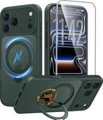 iPhone 17 Pro Max Case: 360° Spin Magnetic Stand, MagSafe, Screen Protector, Translucent Matte Military Grade Shockproof Full Camera Protective Phone Cover