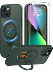 iPhone 15/14/13 Case: 360° Spin Magnetic Stand, MagSafe, Screen Protector, Translucent Matte Military Grade Shockproof Full Camera Protective Phone Cover