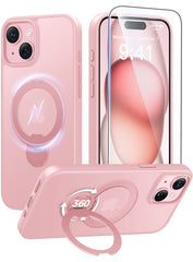 iPhone 15 Plus/14 Plus Case: 360° Spin Magnetic Stand, MagSafe, Screen Protector, Translucent Matte Military Grade Shockproof Full Camera Protective Phone Cover