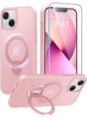 iPhone 15/14/13 Case: 360° Spin Magnetic Stand, MagSafe, Screen Protector, Translucent Matte Military Grade Shockproof Full Camera Protective Phone Cover
