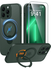 iPhone 13 Pro Max Case: 360° Spin Magnetic Stand, MagSafe, Screen Protector, Translucent Matte Military Grade Shockproof Full Camera Protective Phone Cover