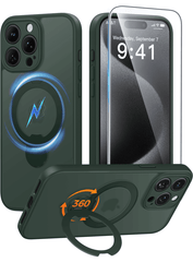 iPhone 15 Pro Case: 360° Spin Magnetic Stand, MagSafe, Screen Protector, Translucent Matte Military Grade Shockproof Full Camera Protective Phone Cover