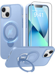 iPhone 15/14/13 Case: 360° Spin Magnetic Stand, MagSafe, Screen Protector, Translucent Matte Military Grade Shockproof Full Camera Protective Phone Cover