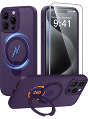 iPhone 15 Pro Max Case: 360° Spin Magnetic Stand, MagSafe, Screen Protector, Translucent Matte Military Grade Shockproof Full Camera Protective Phone Cover