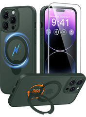 iPhone 14 Pro Case: 360° Spin Magnetic Stand, MagSafe, Screen Protector, Translucent Matte Military Grade Shockproof Full Camera Protective Phone Cover