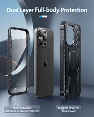 iPhone 15-Pro-Max Case: Military Grade Rugged Cell Phone Cover with Built-in Screen Protector and Kickstand