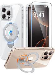 iPhone 16 Pro Max Case: 360° Spin Magnetic Stand, MagSafe, Screen Protector, Translucent Matte Military Grade Shockproof Full Camera Protective Phone Cover