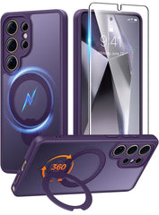 Samsung Galaxy S24 Ultra Case: 360° Spin Magnetic Stand, MagSafe, Screen Protector, Translucent Matte Military Grade Shockproof Full Camera Protective Phone Cover