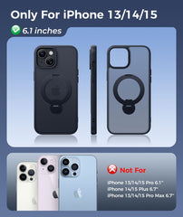 iPhone 15/14/13 Case: 360° Spin Magnetic Stand, MagSafe, Screen Protector, Translucent Matte Military Grade Shockproof Full Camera Protective Phone Cover