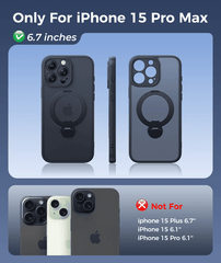 iPhone 15 Pro Max Case: 360° Spin Magnetic Stand, MagSafe, Screen Protector, Translucent Matte Military Grade Shockproof Full Camera Protective Phone Cover
