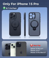 iPhone 15 Pro Case: 360° Spin Magnetic Stand, MagSafe, Screen Protector, Translucent Matte Military Grade Shockproof Full Camera Protective Phone Cover