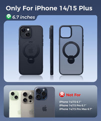 iPhone 15 Plus/14 Plus Case: 360° Spin Magnetic Stand, MagSafe, Screen Protector, Translucent Matte Military Grade Shockproof Full Camera Protective Phone Cover