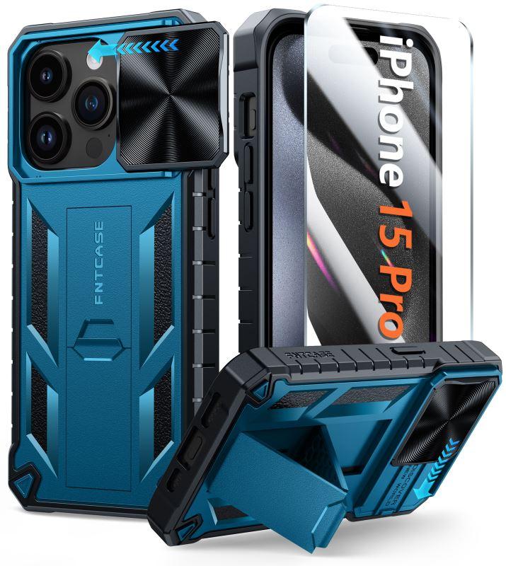 iPhone 15 Pro Phone Cover with Kickstand Blue FNTCASE