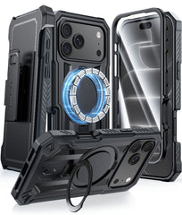 iPhone 18 Pro Case with Ring Holder Magnetic Kickstand Military Grade Shockproof Protective Rugged Cell Phone Cover with Belt Clip Holster