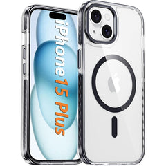 FNTCASE for iPhone 15 Plus Case : Clear Case with Magnetic Circle, Metal Button, Built-in Shockproof TPU, Military Grade Drop Protection Shell Durable Full Body Protective Phone Cover