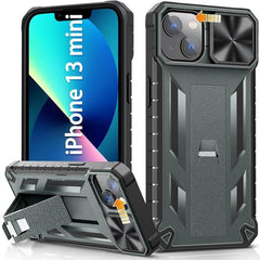 iPhone 12/13 Mini 5.4inch Military Rugged Matte Textured Bumper Cover with Sliding Camera Lens Cover and Kickstand