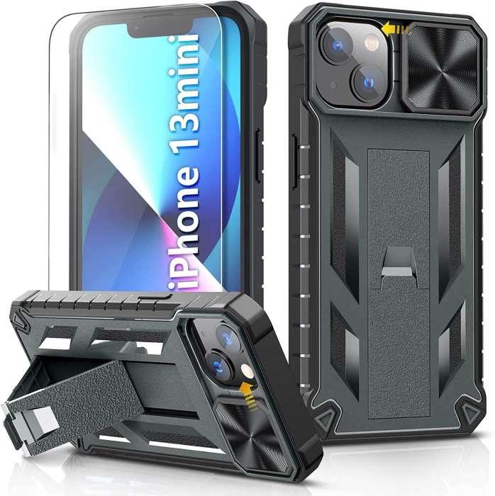 iPhone 12/13 Mini 5.4inch Military Rugged Matte Textured Bumper Cover with Sliding Camera Lens Cover and Kickstand - FNTCASE OFFICIAL