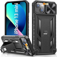 iPhone 12/13 Mini 5.4inch Military Rugged Matte Textured Bumper Cover with Sliding Camera Lens Cover and Kickstand