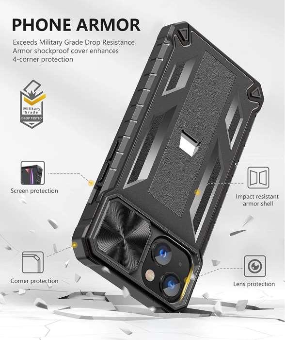 iPhone 12/13 Mini 5.4inch Military Rugged Matte Textured Bumper Cover with Sliding Camera Lens Cover and Kickstand - FNTCASE OFFICIAL