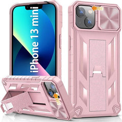 iPhone 12/13 Mini 5.4inch Military Rugged Matte Textured Bumper Cover with Sliding Camera Lens Cover and Kickstand