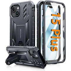 iPhone 15 Plus Military Grade Rugged Phone Cover with Built-in Screen Protector and Kickstand