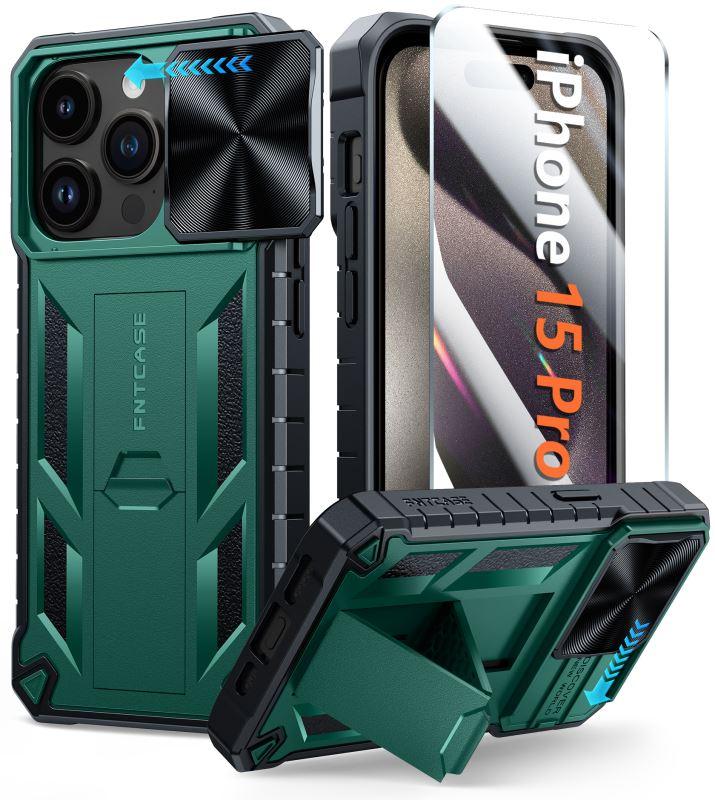 iPhone 15 Pro Phone Cover with Kickstand Green FNTCASE