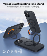 iPhone 15/14/13 Case: 360° Spin Magnetic Stand, MagSafe, Screen Protector, Translucent Matte Military Grade Shockproof Full Camera Protective Phone Cover
