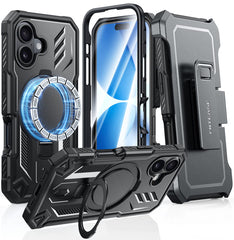 FNTCASE for iPhone 17 Case with Ring Holder Magnetic Kickstand Military Grade Shockproof Protective Rugged Cell Phone Cover with Belt Clip Holster