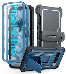 Pixel 8 Pro Military Protective Case with Kickstand and Belt-clip Blue