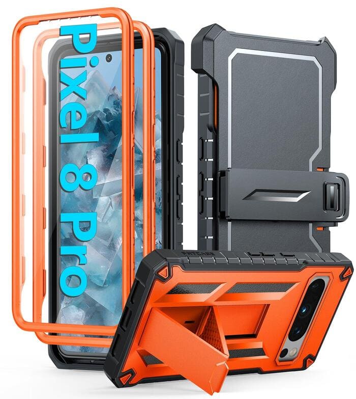 Pixel 8 Pro Military Protective Case with Kickstand and Belt-clip Orange