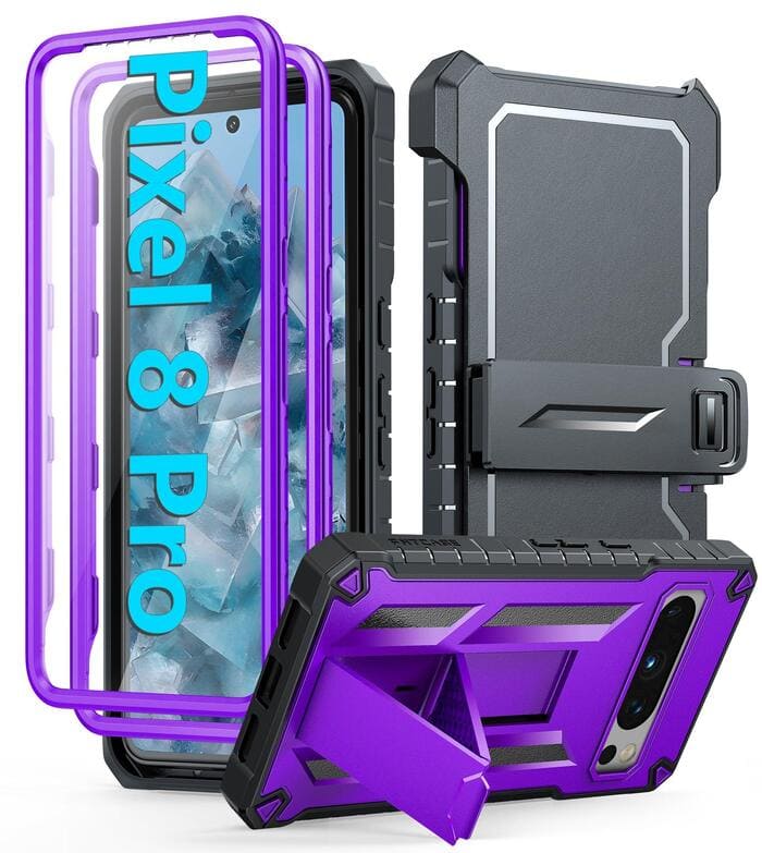 Pixel 8 Pro Military Protective Case with Kickstand and Belt-clip Purple