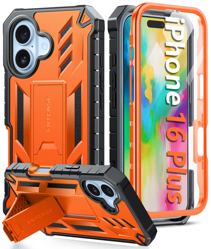 FNTCASE iPhone 16 Plus Case: Phone Cover with Built-in Screen Protector Orange