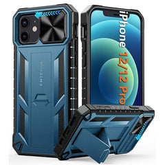 iPhone 12/12 Pro Military Grade Shockproof Protection Mobile Case Matte Textured Rugged TPU Shell with Kickstand and Slidable Camera Cover