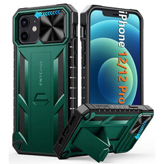 iPhone 12/12 Pro Military Grade Shockproof Protection Mobile Case Matte Textured Rugged TPU Shell with Kickstand and Slidable Camera Cover